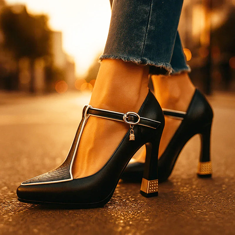 Adriana Cavalli T-Strap Heels with Gold Detail