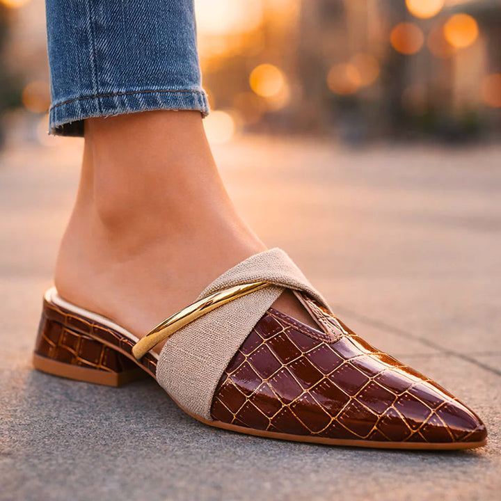 Giulia Bellini Pointed-Toe Mules with Gold Accent