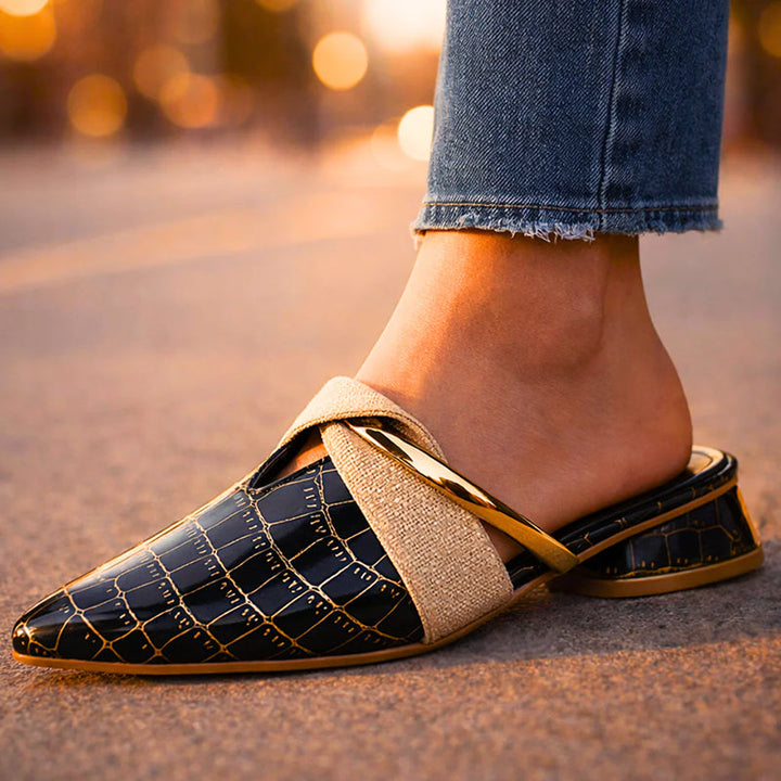 Giulia Bellini Pointed-Toe Mules with Gold Accent