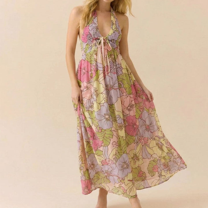 Giulia Bellini Floral Halter Maxi Dress with Tie Front