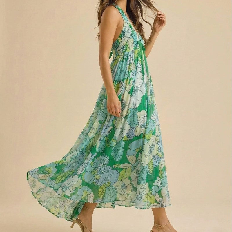 Giulia Bellini Floral Halter Maxi Dress with Tie Front