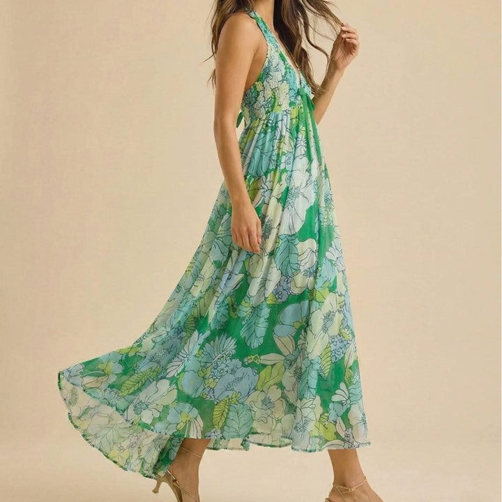 Giulia Bellini Floral Halter Maxi Dress with Tie Front