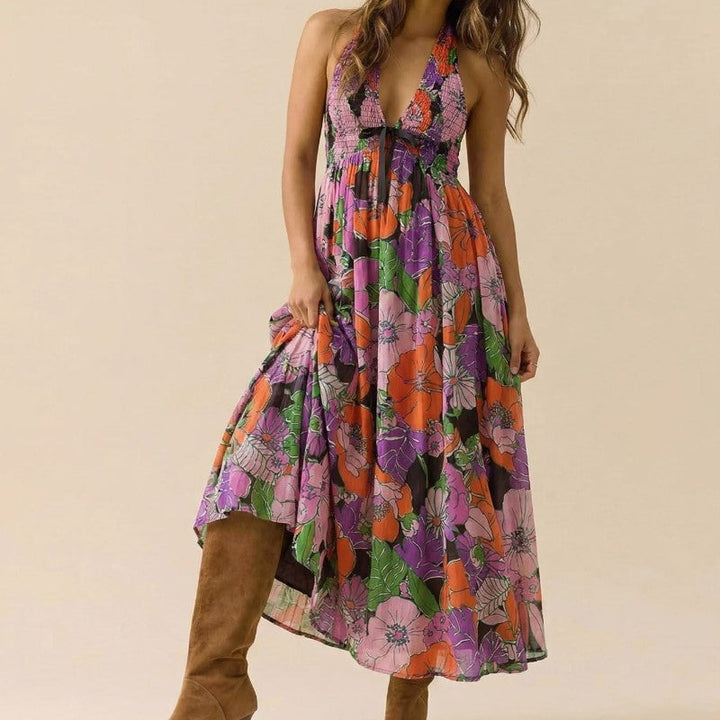 Giulia Bellini Floral Halter Maxi Dress with Tie Front