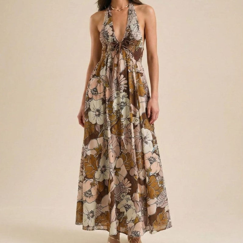 Giulia Bellini Floral Halter Maxi Dress with Tie Front