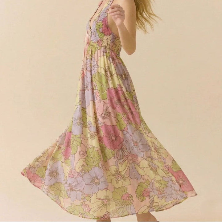 Giulia Bellini Floral Halter Maxi Dress with Tie Front
