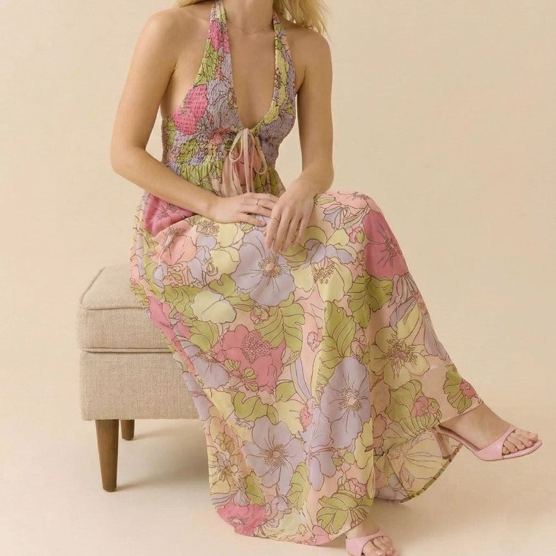 Giulia Bellini Floral Halter Maxi Dress with Tie Front