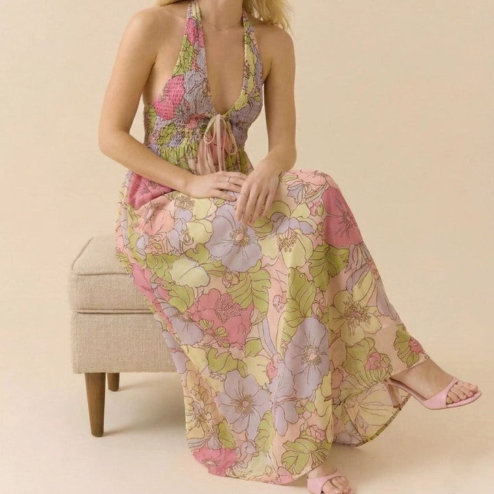 Giulia Bellini Floral Halter Maxi Dress with Tie Front