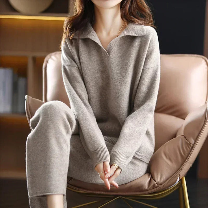 Lucille - Women's Long-Sleeve Collared Knit Two-Piece Set
