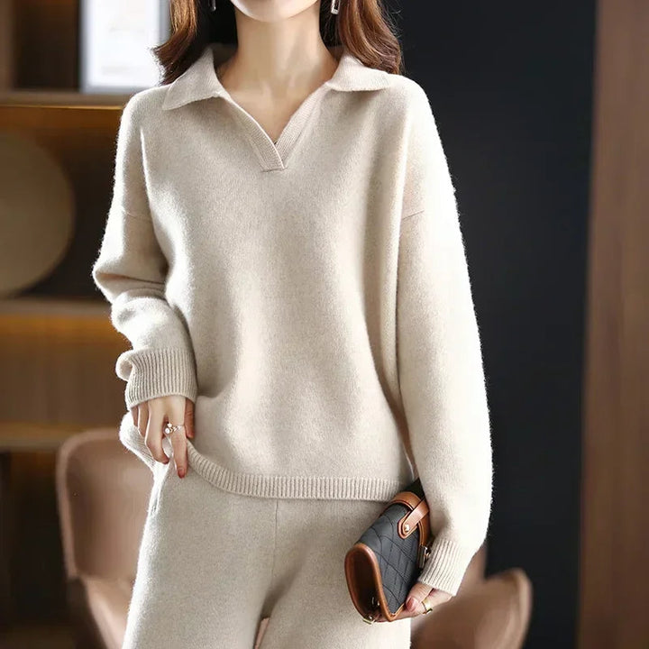 Lucille - Women's Long-Sleeve Collared Knit Two-Piece Set