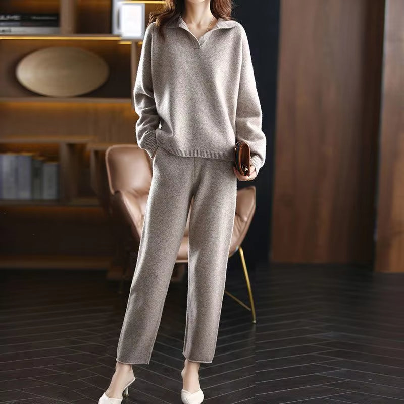 Lucille - Women's Long-Sleeve Collared Knit Two-Piece Set