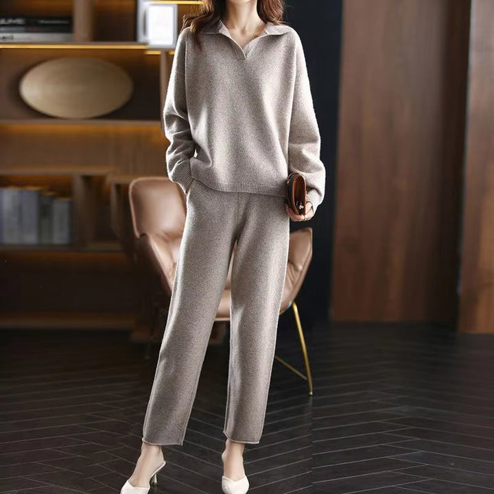 Lucille - Women's Long-Sleeve Collared Knit Two-Piece Set