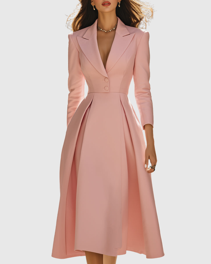 Adeline - Women's Notch Lapel Blazer-Style Pleated A-Line Midi Dress