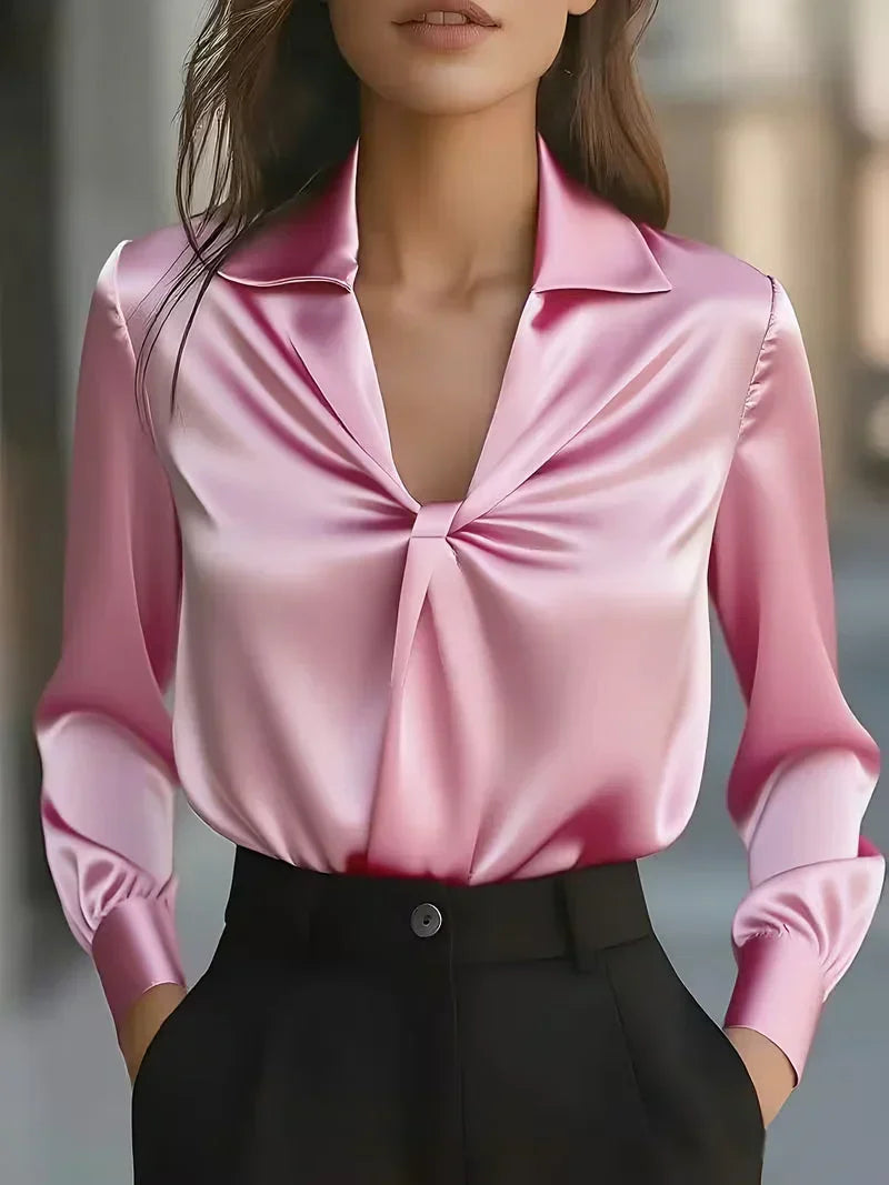 Barbara - Women's Twist-Front Satin Blouse with Notch Collar
