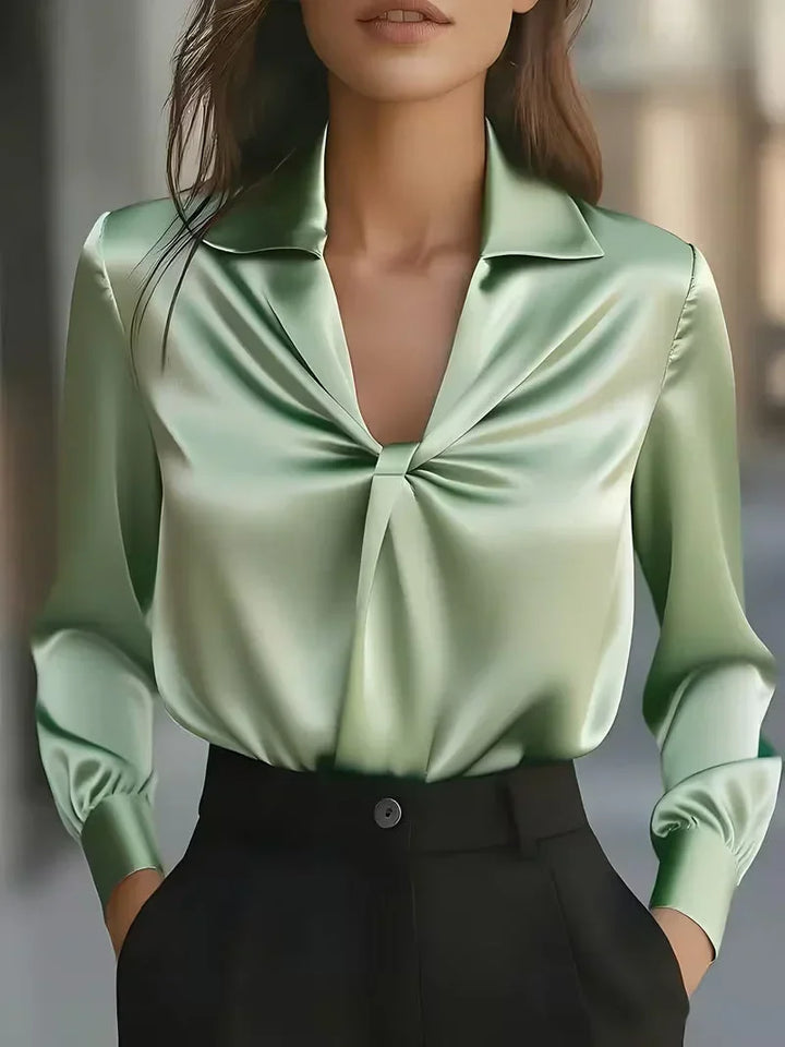 Barbara - Women's Twist-Front Satin Blouse with Notch Collar