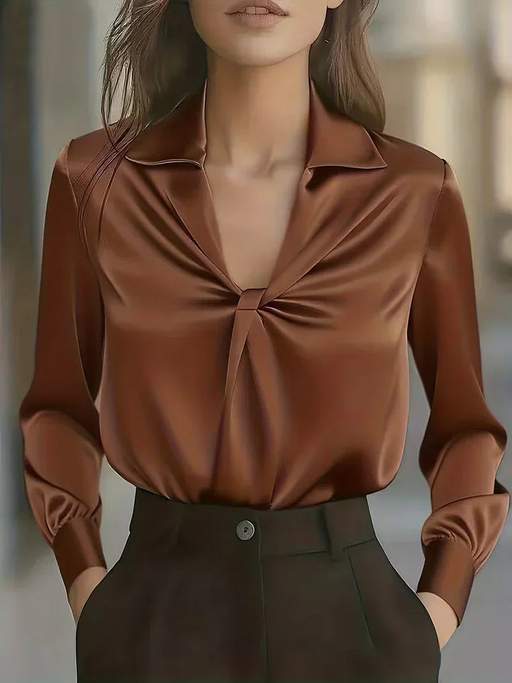 Barbara - Women's Twist-Front Satin Blouse with Notch Collar