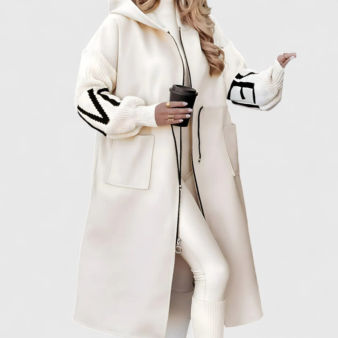 Beatrice - Women's Oversized Hooded Coat with Striped Knit Sleeves