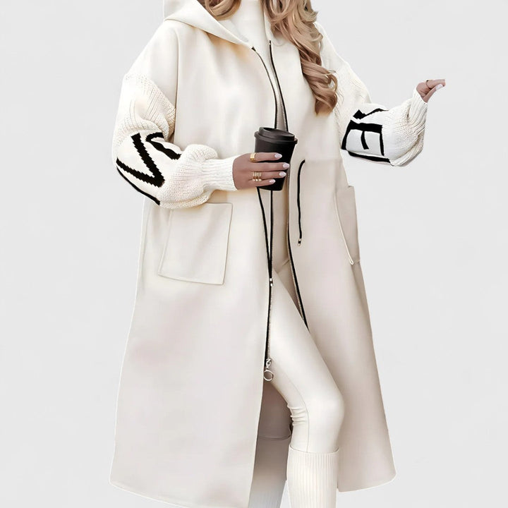 Beatrice - Women's Oversized Hooded Coat with Striped Knit Sleeves