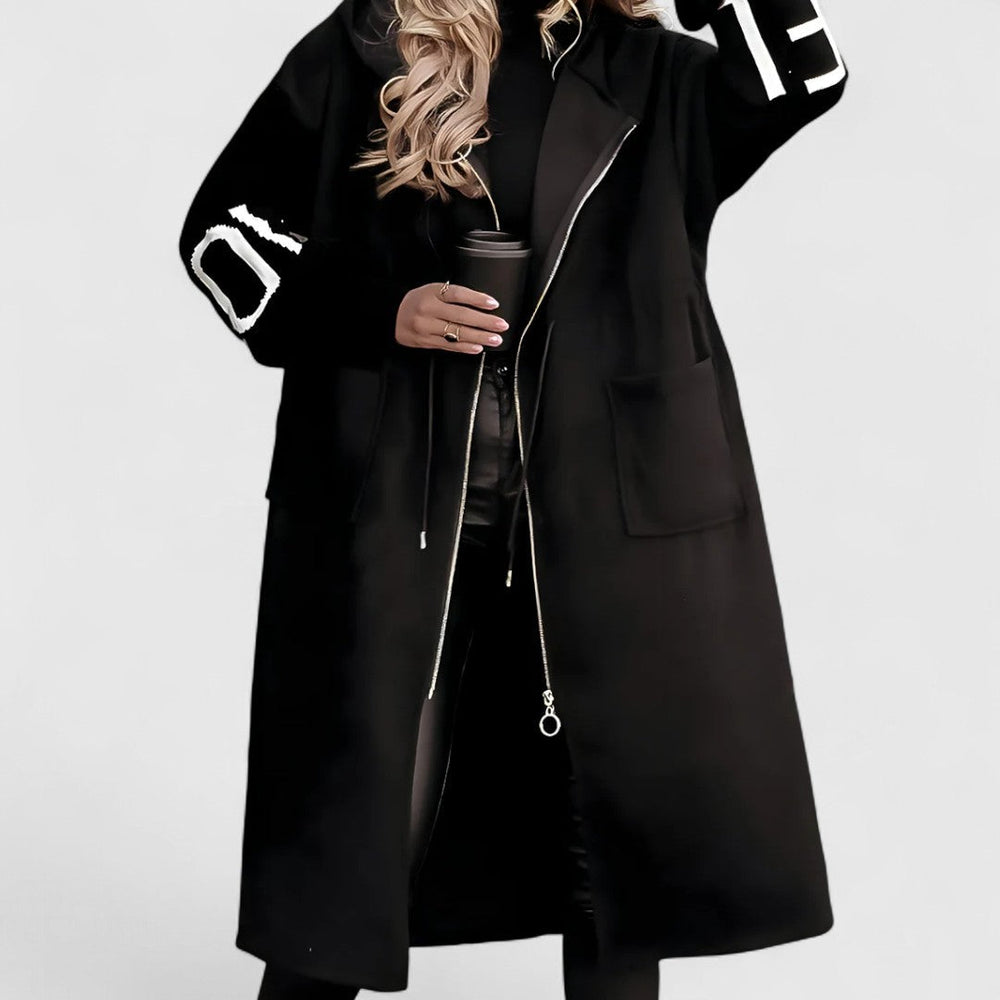 Beatrice - Women's Oversized Hooded Coat with Striped Knit Sleeves