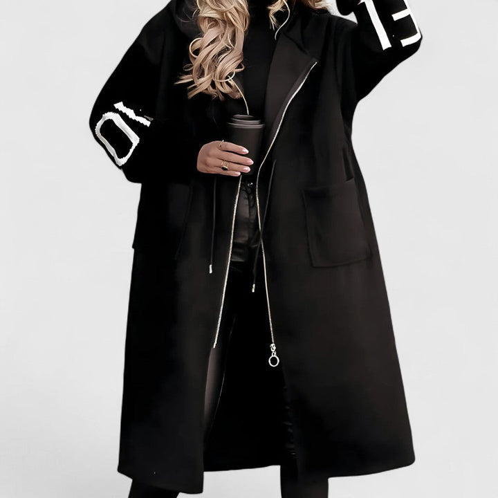 Beatrice - Women's Oversized Hooded Coat with Striped Knit Sleeves