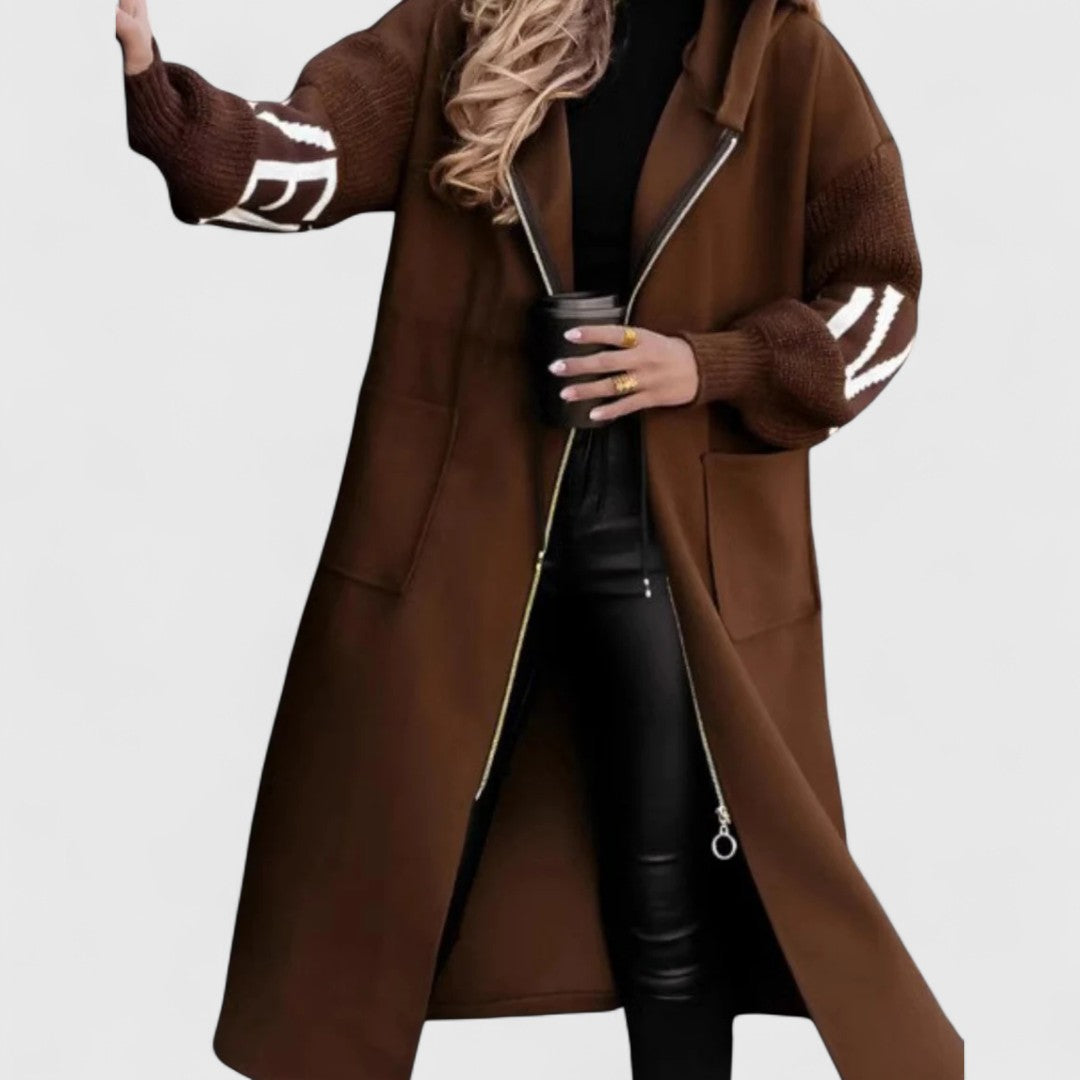 Beatrice - Women's Oversized Hooded Coat with Striped Knit Sleeves