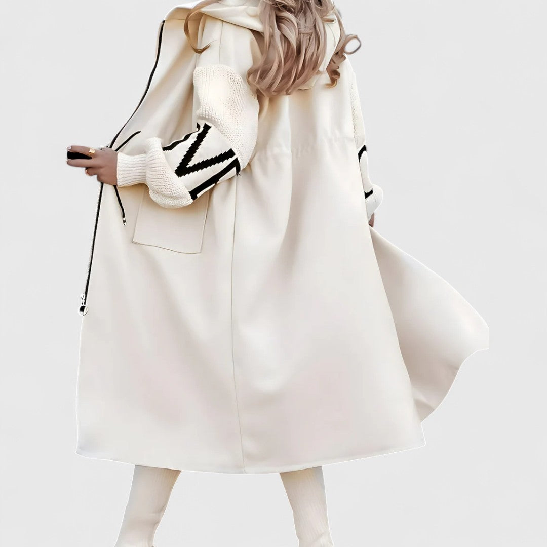Beatrice - Women's Oversized Hooded Coat with Striped Knit Sleeves