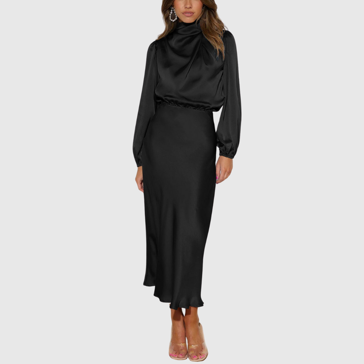 Camila - Women's High-Neck Satin Long Sleeve Maxi Dress