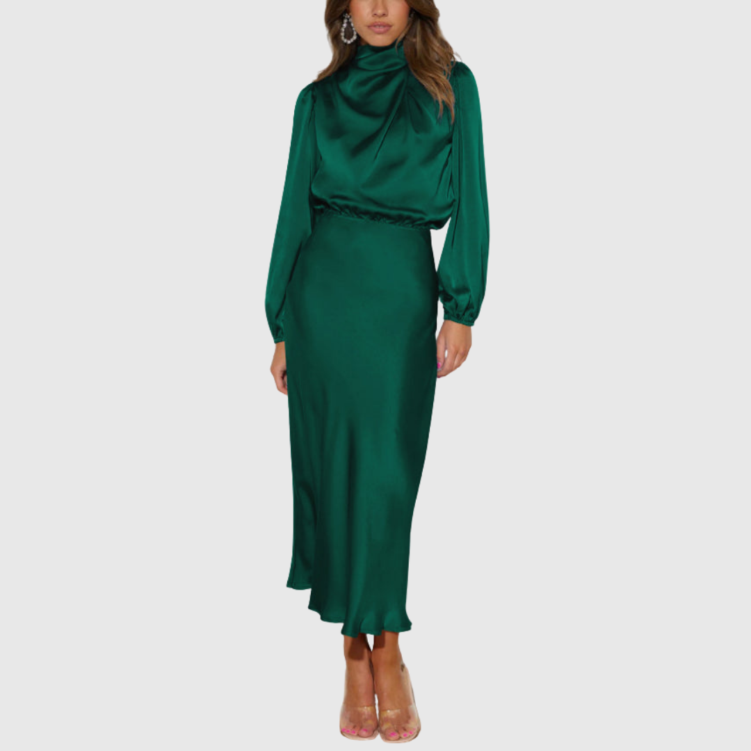 Camila - Women's High-Neck Satin Long Sleeve Maxi Dress