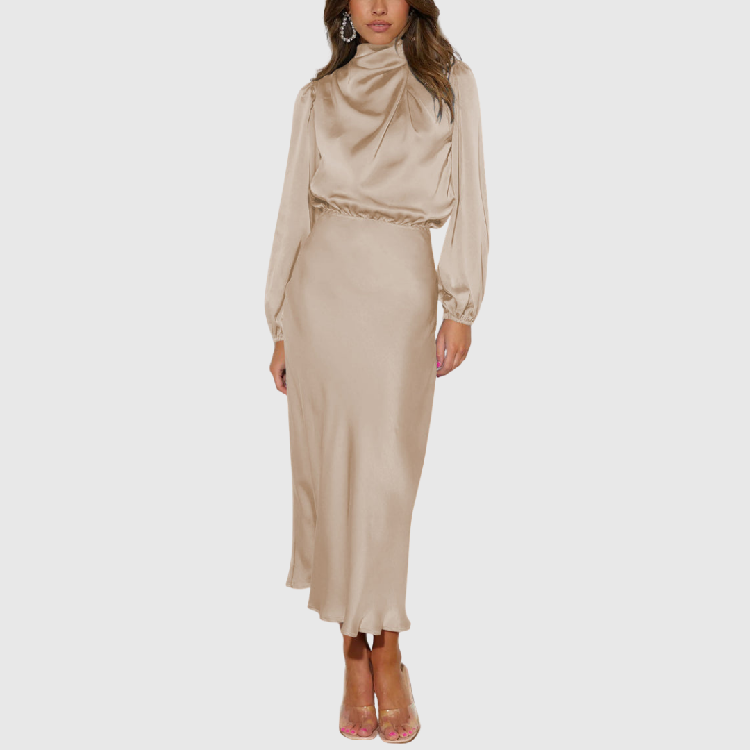 Camila - Women's High-Neck Satin Long Sleeve Maxi Dress