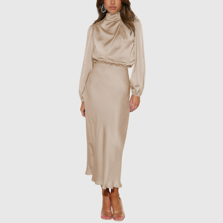 Camila - Women's High-Neck Satin Long Sleeve Maxi Dress