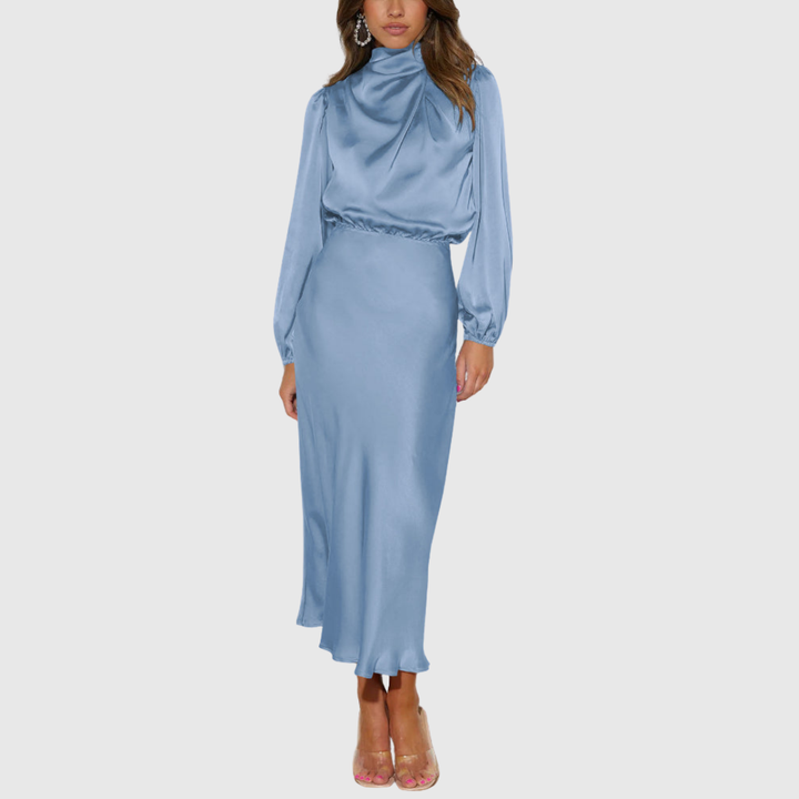 Camila - Women's High-Neck Satin Long Sleeve Maxi Dress