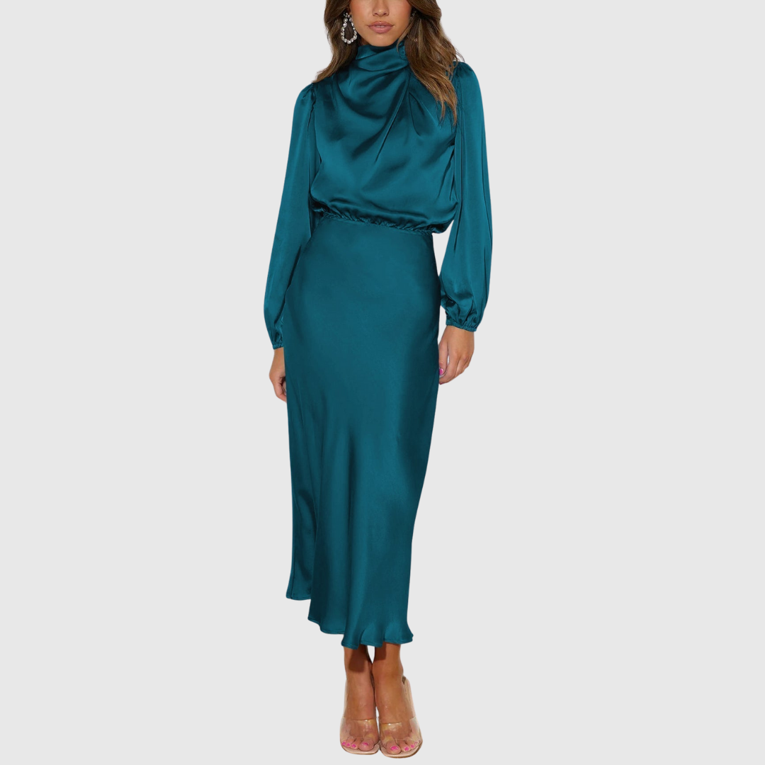 Camila - Women's High-Neck Satin Long Sleeve Maxi Dress