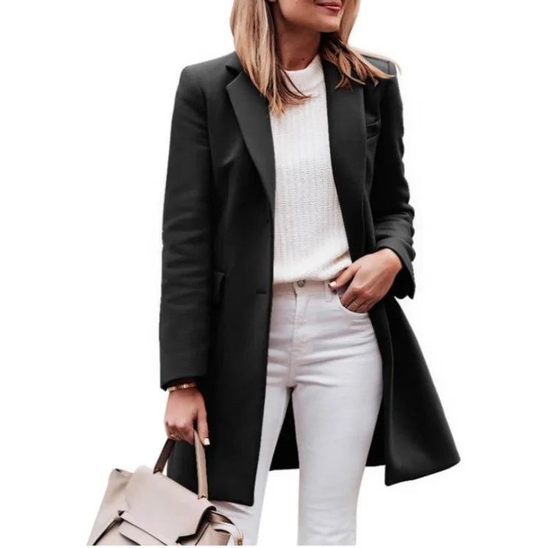 Camille - Women's Single-Breasted Longline Coat with Notch Lapels