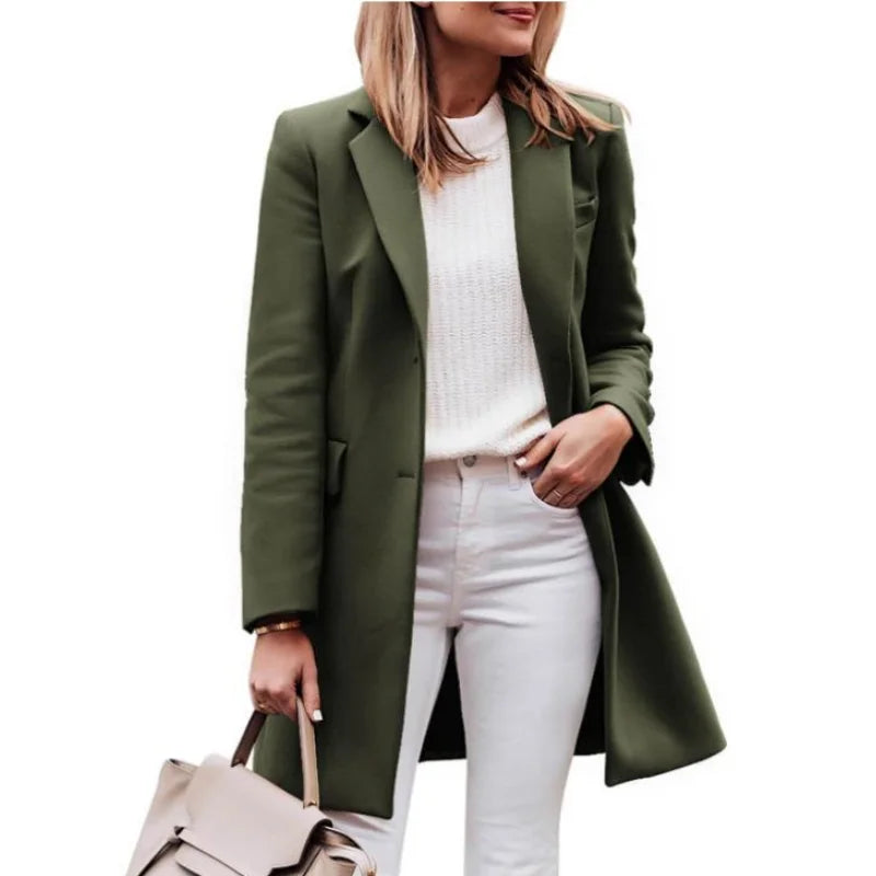 Camille - Women's Single-Breasted Longline Coat with Notch Lapels