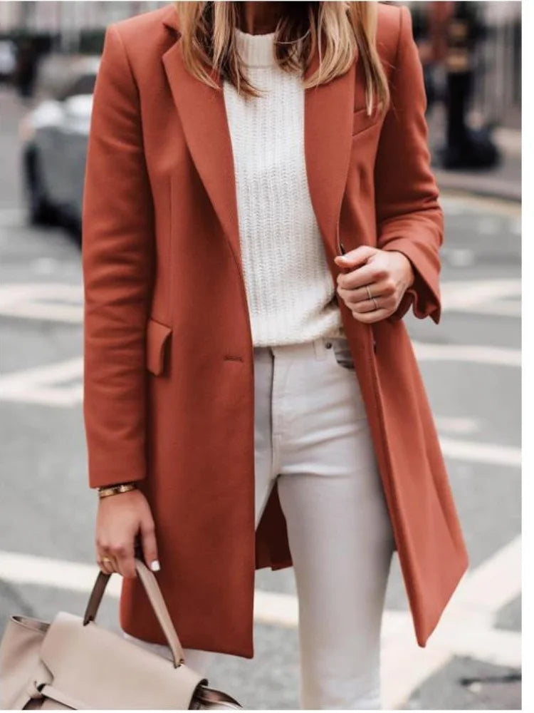 Camille - Women's Single-Breasted Longline Coat with Notch Lapels