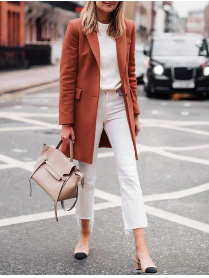 Camille - Women's Single-Breasted Longline Coat with Notch Lapels