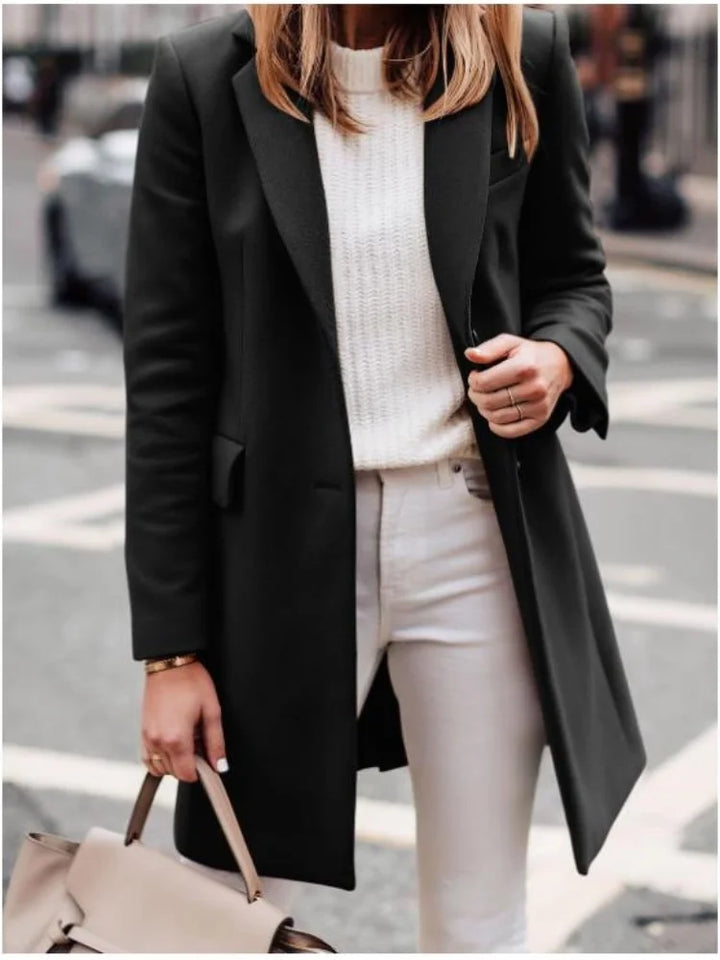 Camille - Women's Single-Breasted Longline Coat with Notch Lapels