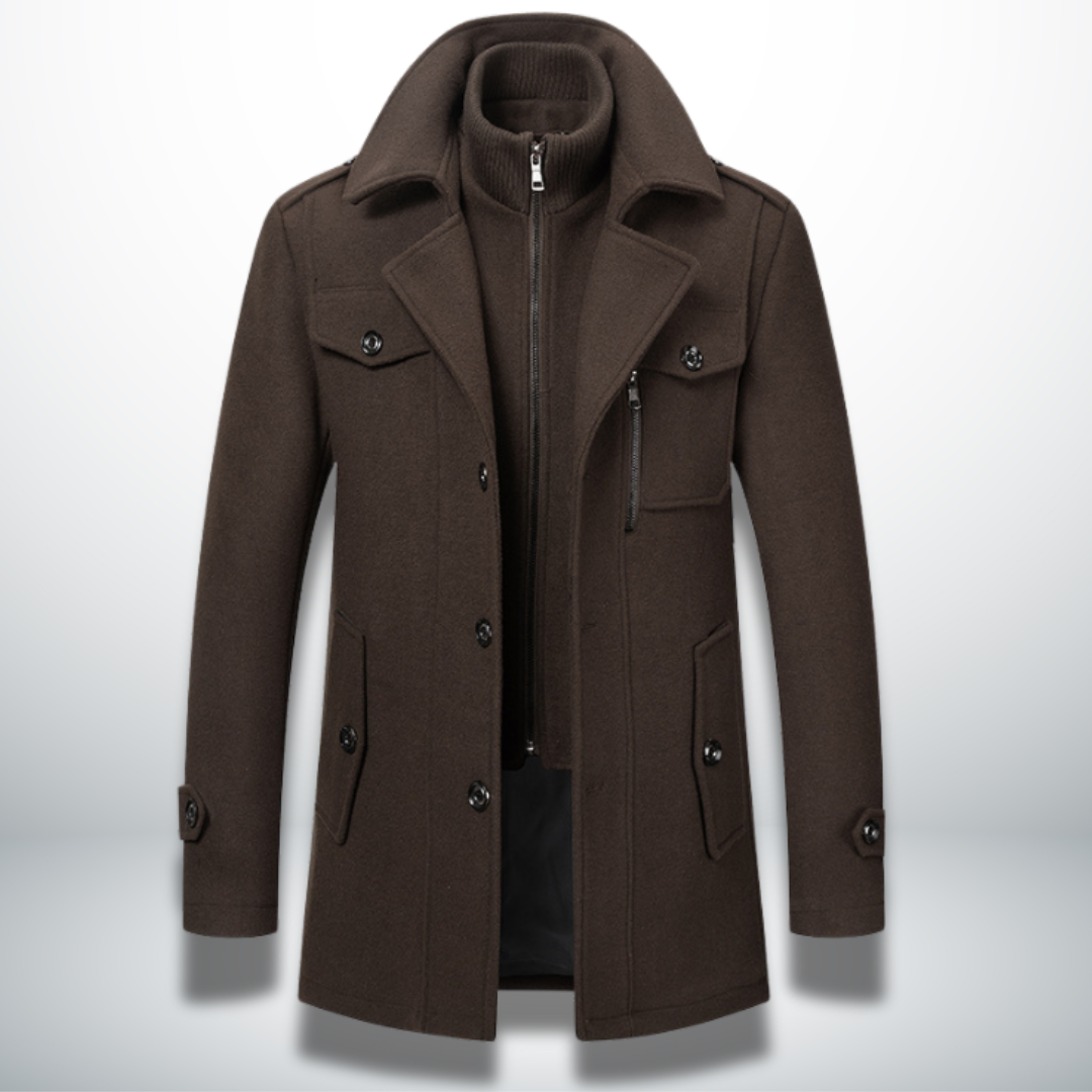Casper - Men's Button-Front Wool-Blend Coat with Notch Collar