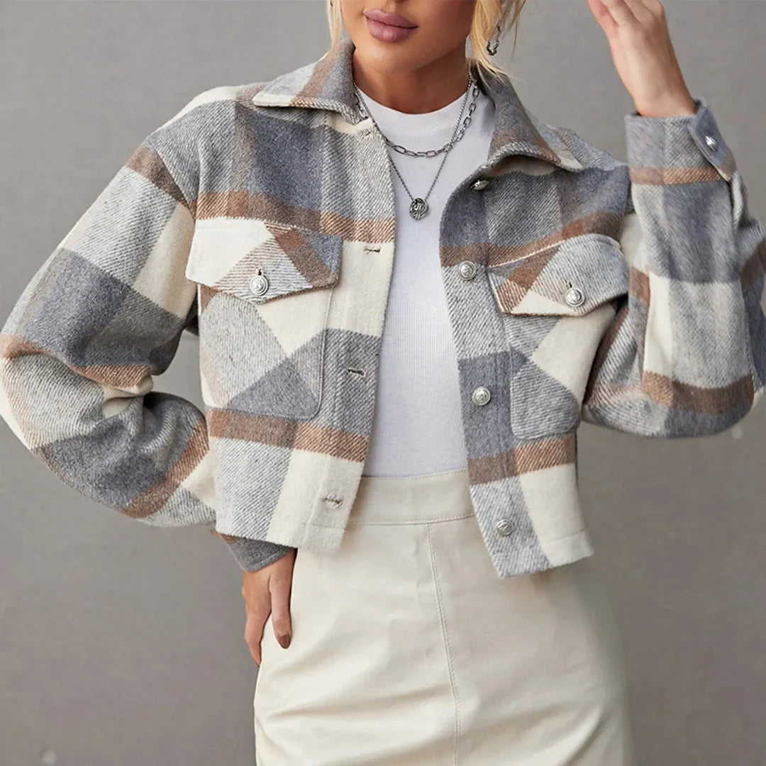 Cecilia - Women's Plaid Cropped Jacket with Chest Flap Pockets