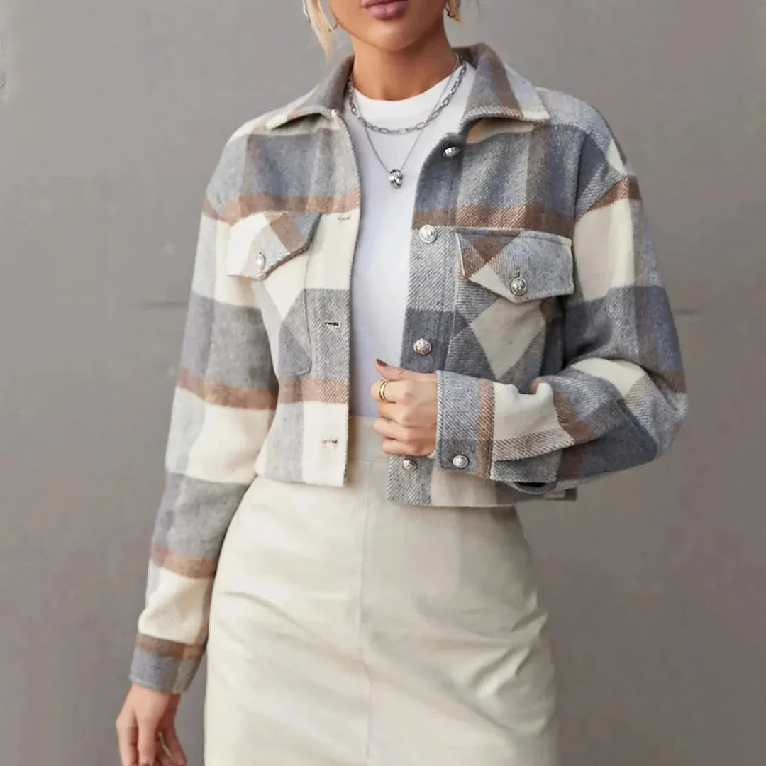 Cecilia - Women's Plaid Cropped Jacket with Chest Flap Pockets