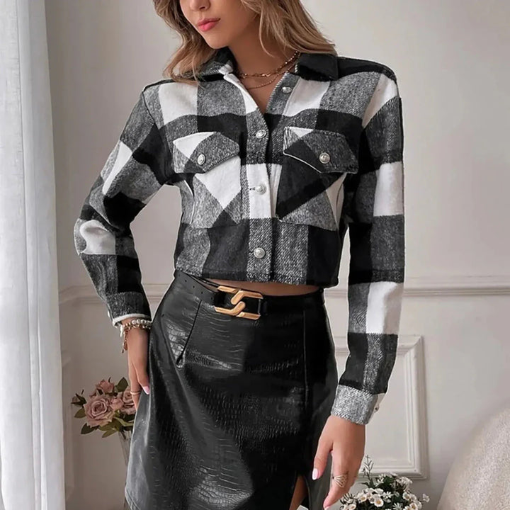 Cecilia - Women's Plaid Cropped Jacket with Chest Flap Pockets