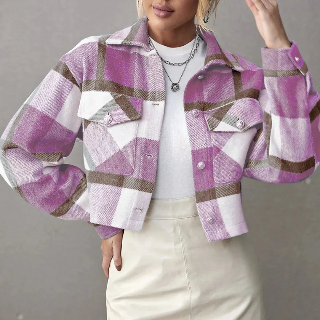 Cecilia - Women's Plaid Cropped Jacket with Chest Flap Pockets