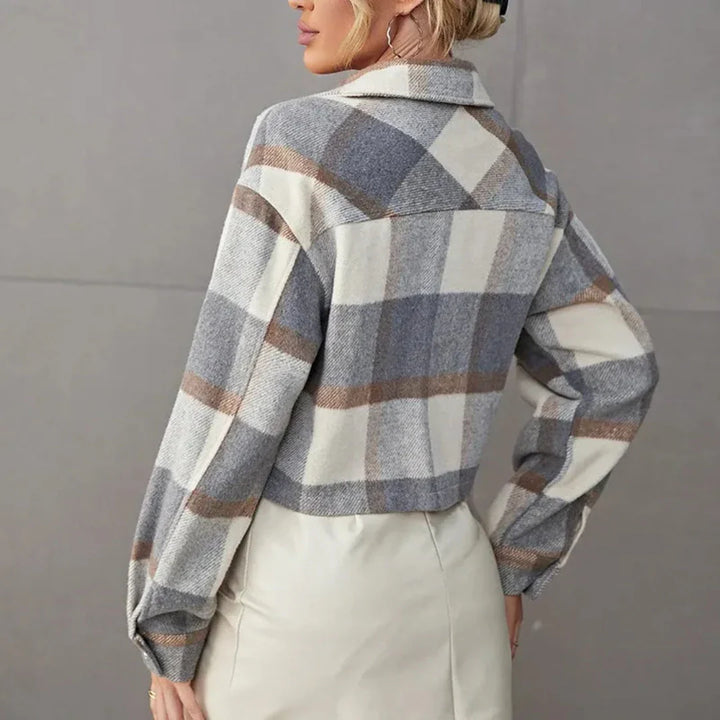 Cecilia - Women's Plaid Cropped Jacket with Chest Flap Pockets