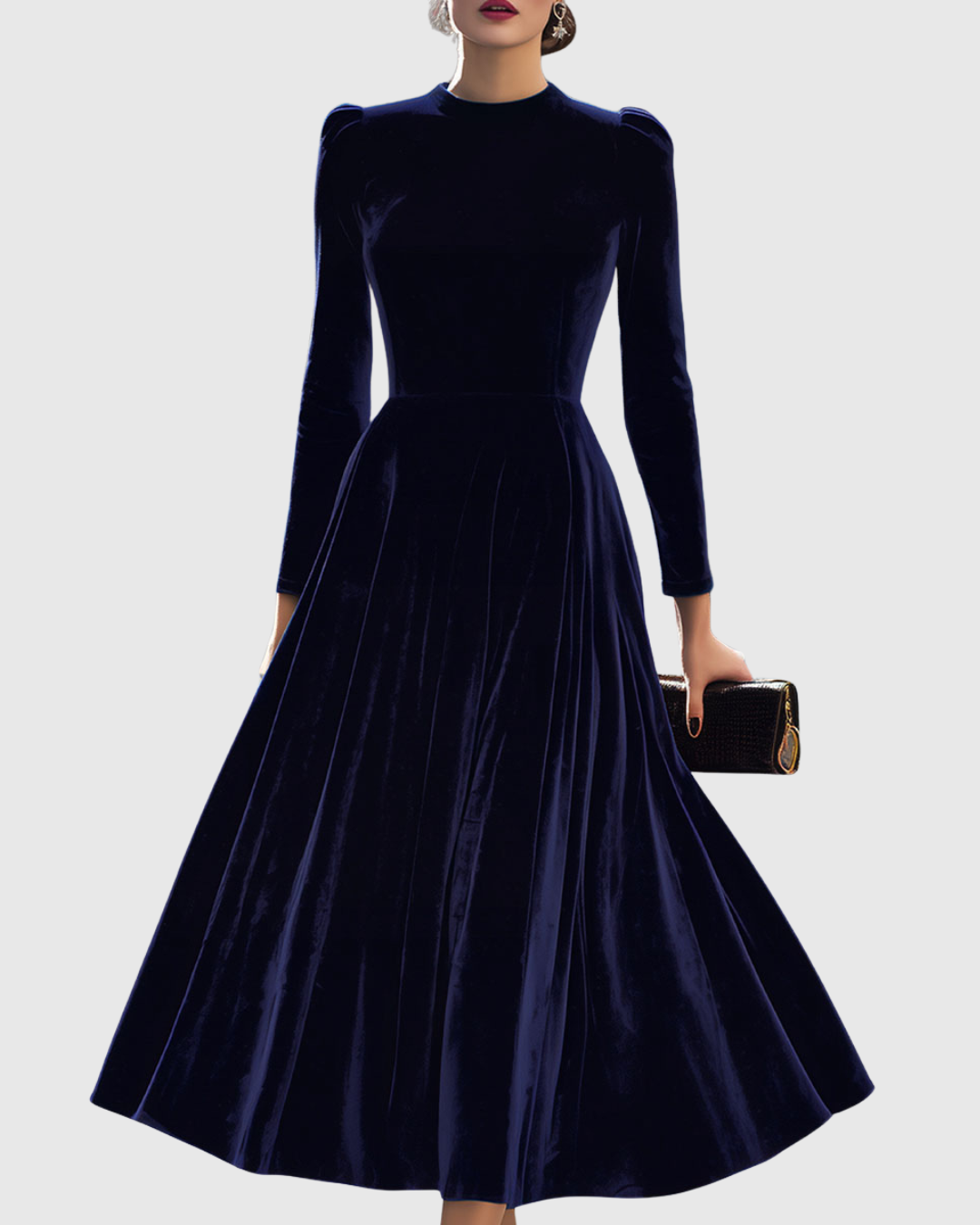 Cecily - Women's Velvet A-Line Midi Dress with Puffed Shoulders