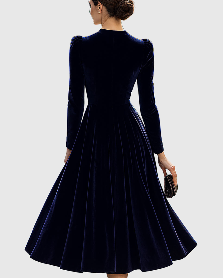 Cecily - Women's Velvet A-Line Midi Dress with Puffed Shoulders