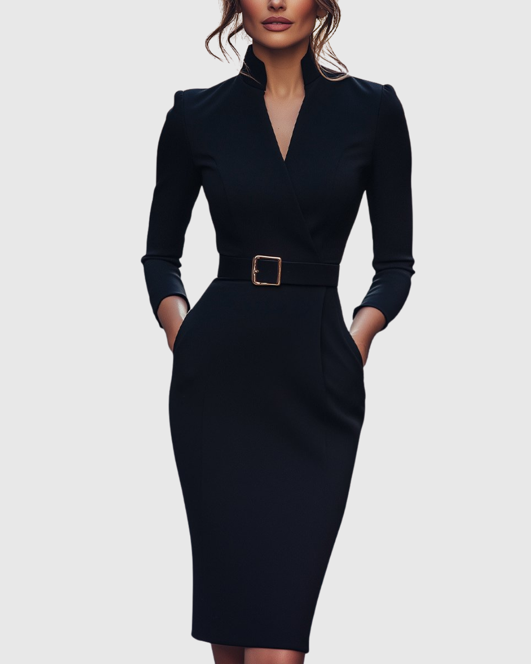 Elinor - Women's Belted V-Neck Pencil Midi Dress