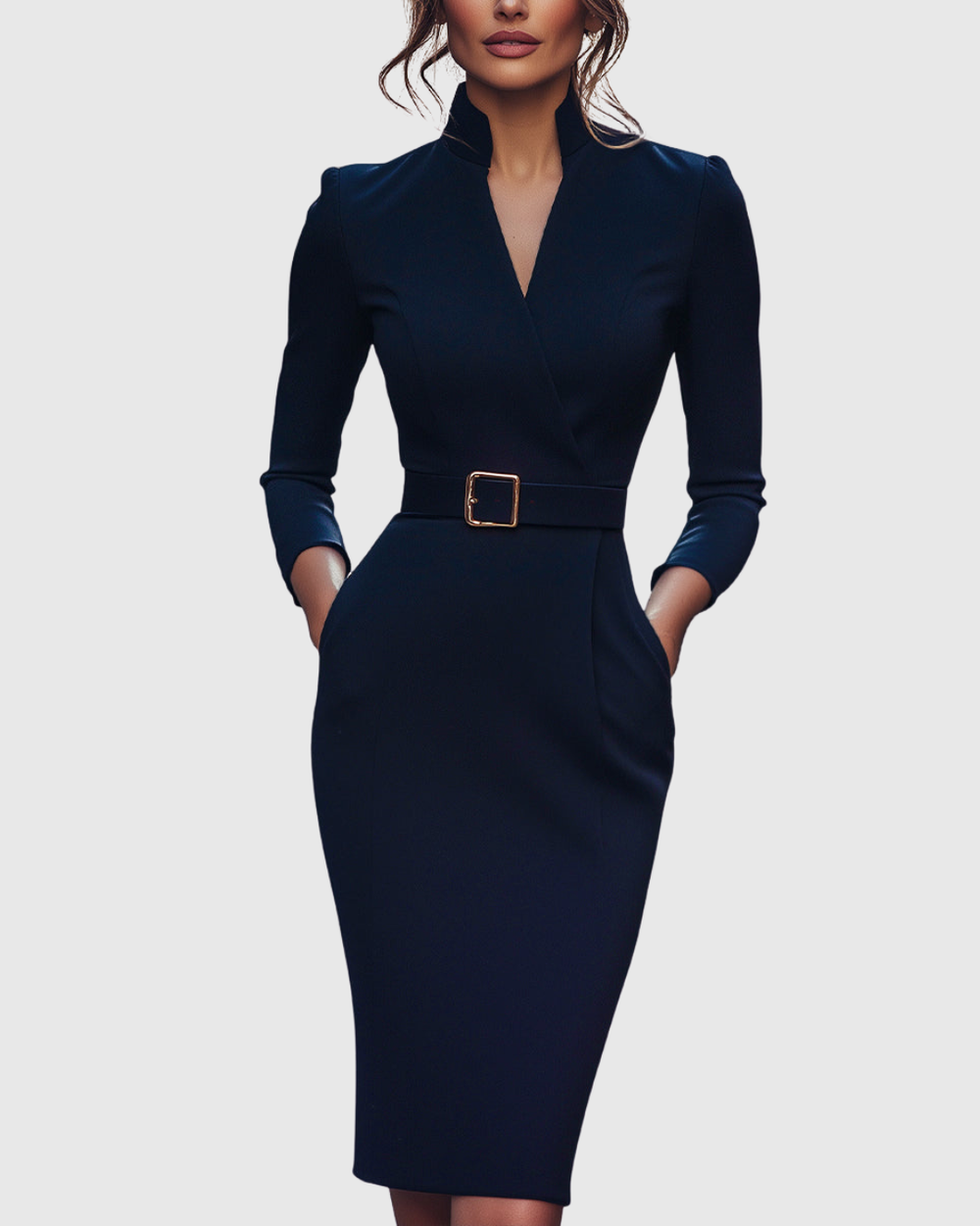 Elinor - Women's Belted V-Neck Pencil Midi Dress