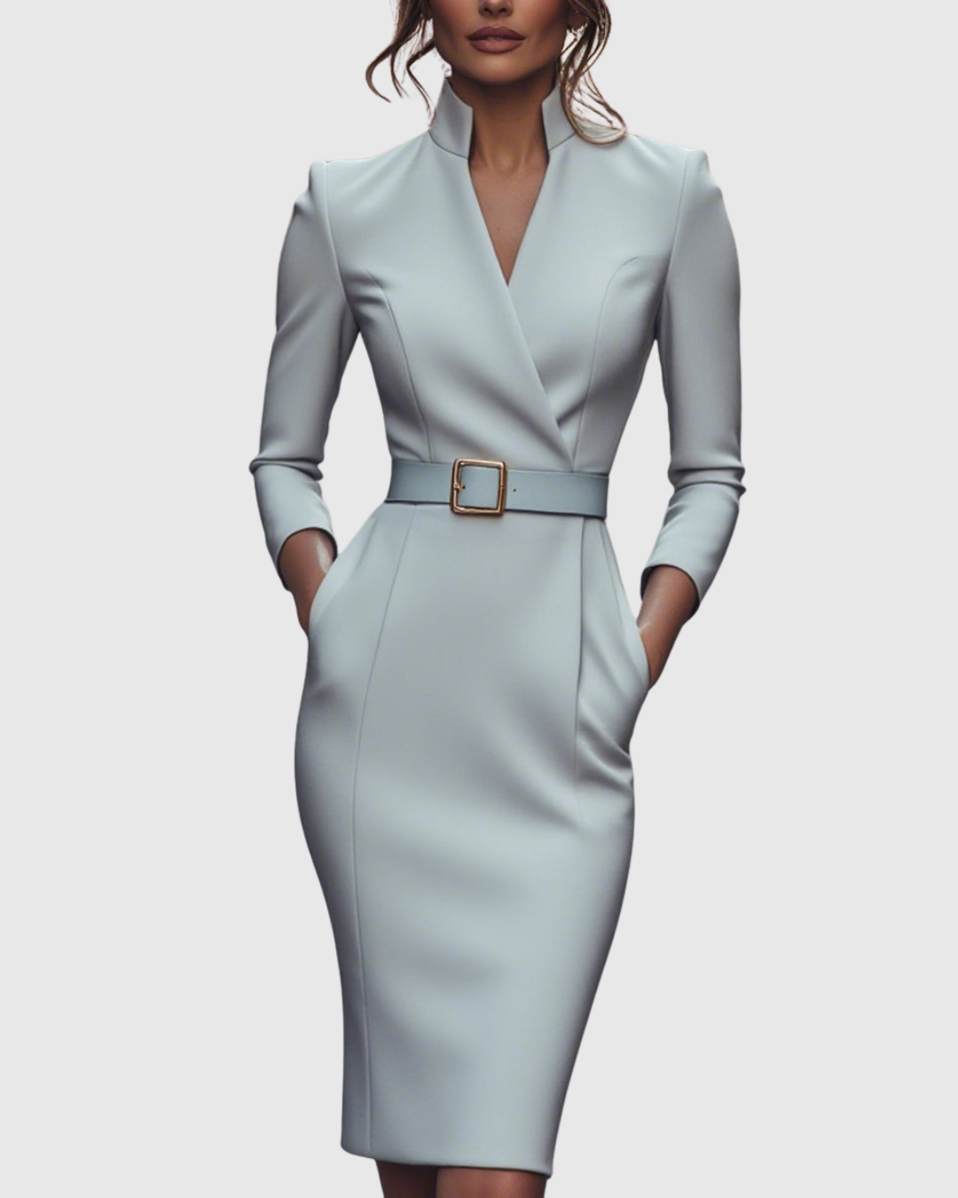 Elinor - Women's Belted V-Neck Pencil Midi Dress