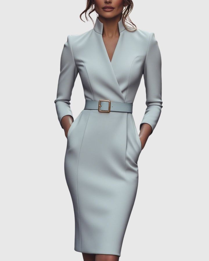 Elinor - Women's Belted V-Neck Pencil Midi Dress