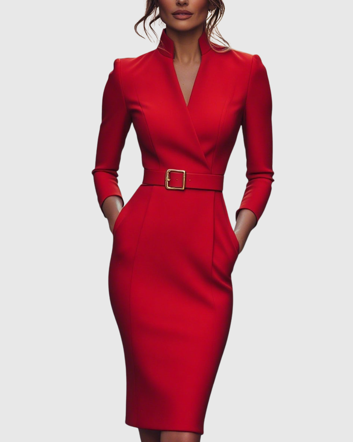 Elinor - Women's Belted V-Neck Pencil Midi Dress