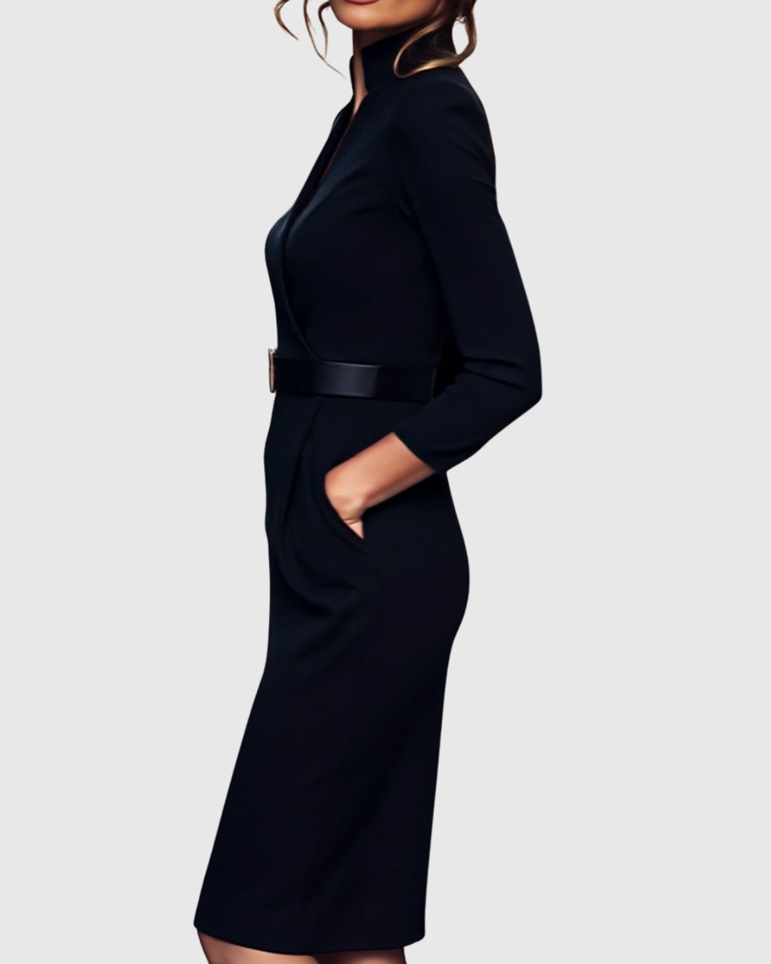 Elinor - Women's Belted V-Neck Pencil Midi Dress